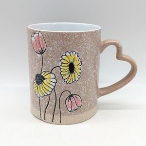 Gibson Home Tan Yellow Pink Floral Ceramic Heart Handle Coffee Mug
